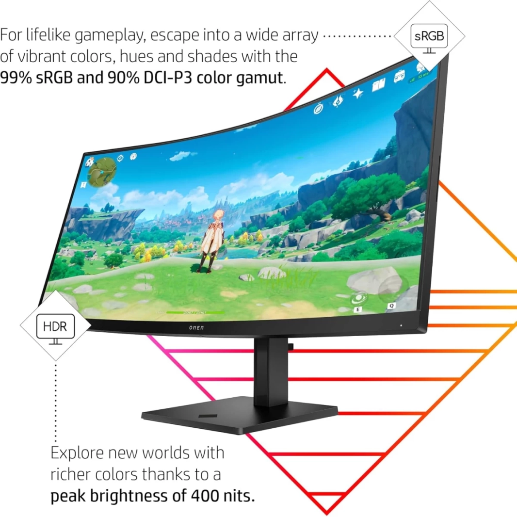 شاشة HP OMEN Ultrawide مقاس 34 بوصة بدقة QHD 2K وتردد 165 هرتز ووقت استجابة 1 مللي ثانية ونطاق ديناميكي عالي sRGB وDCI-P3 وFreeSync بنسبة 99% وحامل قابل لضبط الارتفاع ومكبرات صوت ثنائية مع منفذي HDMI 