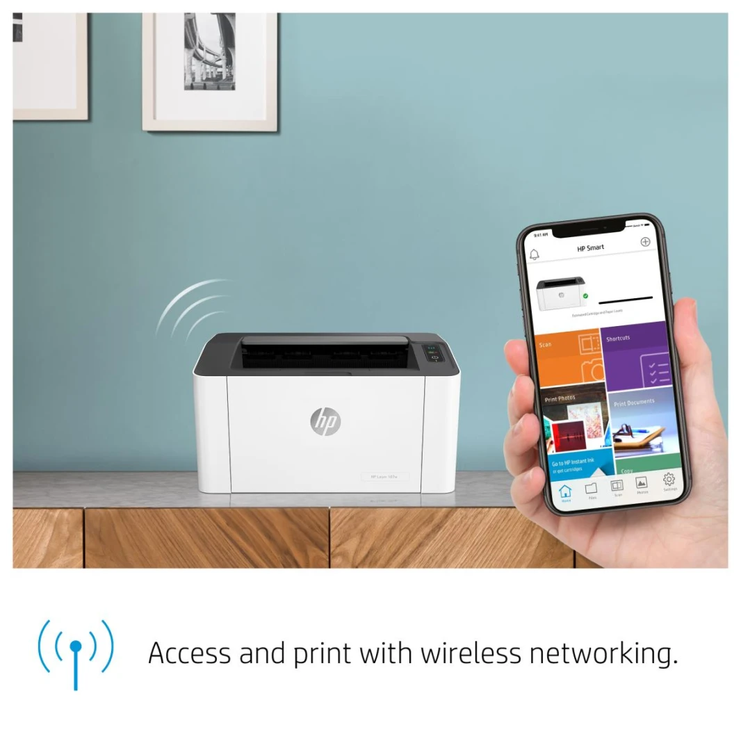 طابعة ليزر HP 107w بدقة 1200 × 1200 نقطة في البوصة، A4، 21 صفحة في الدقيقة، طباعة مزدوجة يدويًا، جاهزة للشبكة، Wi-Fi