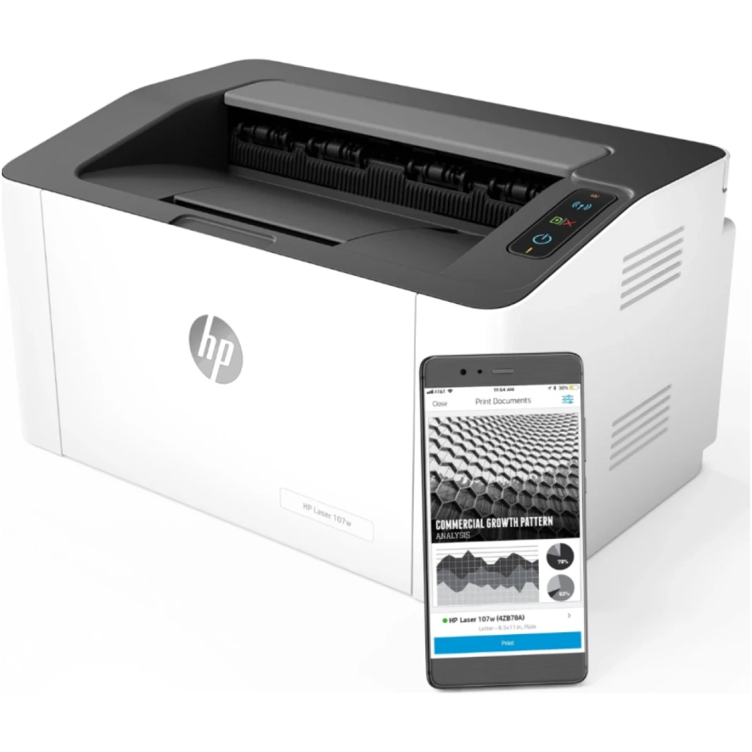 طابعة ليزر HP 107w بدقة 1200 × 1200 نقطة في البوصة، A4، 21 صفحة في الدقيقة، طباعة مزدوجة يدويًا، جاهزة للشبكة، Wi-Fi