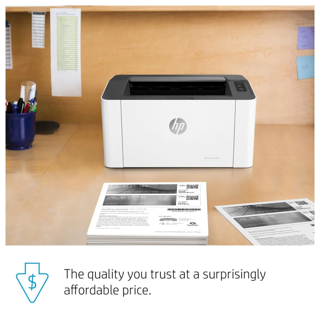 طابعة ليزر HP 107w بدقة 1200 × 1200 نقطة في البوصة، A4، 21 صفحة في الدقيقة، طباعة مزدوجة يدويًا، جاهزة للشبكة، Wi-Fi