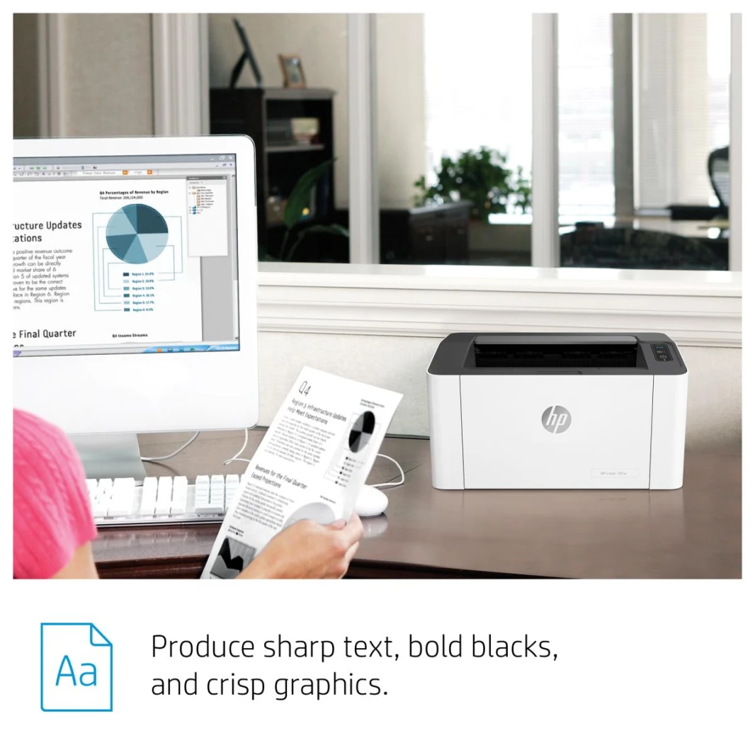 طابعة ليزر HP 107w بدقة 1200 × 1200 نقطة في البوصة، A4، 21 صفحة في الدقيقة، طباعة مزدوجة يدويًا، جاهزة للشبكة، Wi-Fi