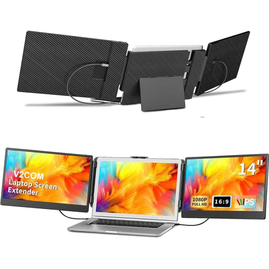 V2COM S3 14" IPS Full HD Triple Screen Extender Portable Monitor for Laptops 13-17.3" with HDMI/USB-A/Type-C Port Built In Speakers