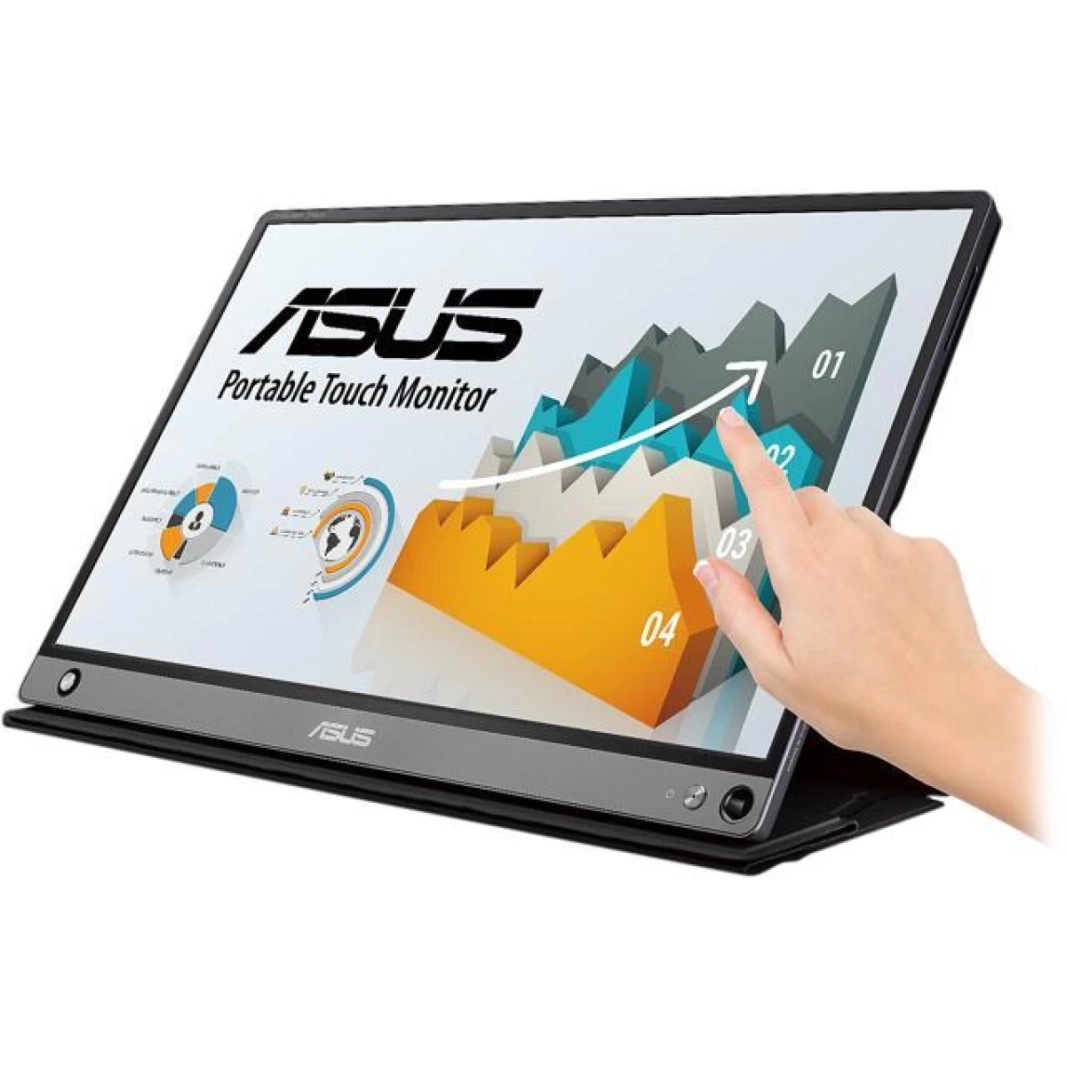 شاشة ASUS ZenScreen MB16AMT تعمل باللمس مقاس 15.6 بوصة IPS Full HD محمولة مضادة للتوهج ومكبرات صوت مدمجة ومنفذ USB Type-C وMicro HDMI ومكبرات صوت Eye Care
