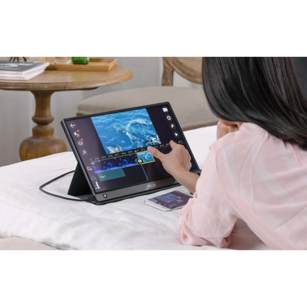 شاشة ASUS ZenScreen MB16AMT تعمل باللمس مقاس 15.6 بوصة IPS Full HD محمولة مضادة للتوهج ومكبرات صوت مدمجة ومنفذ USB Type-C وMicro HDMI ومكبرات صوت Eye Care