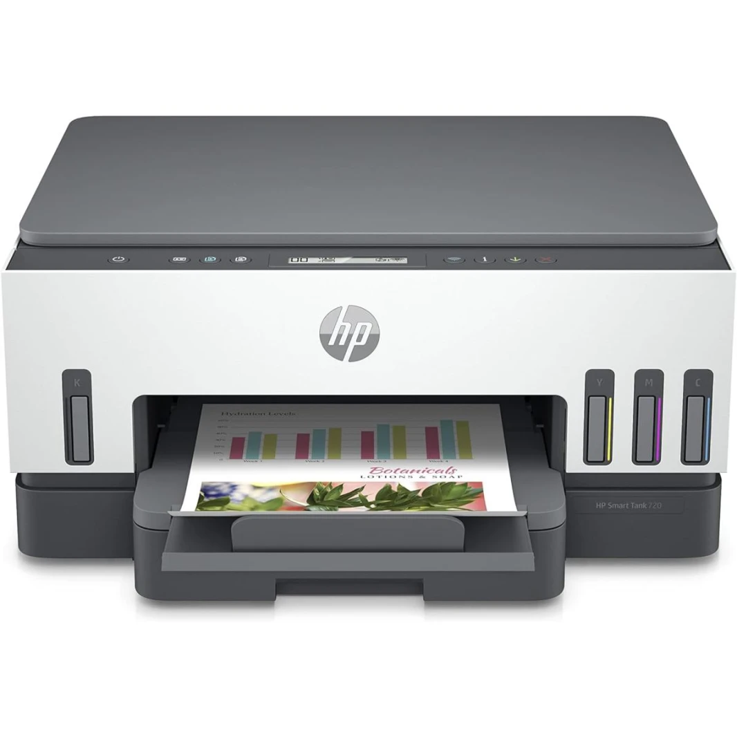 طابعة HP Smart Tank 720 All-in-One اللاسلكية، الطباعة، المسح الضوئي، النسخ، الطباعة التلقائية على الوجهين، طباعة ما يصل إلى 18000 صفحة باللون الأسود أو 8000 صفحة ملونة، باللون الأبيض/الرمادي