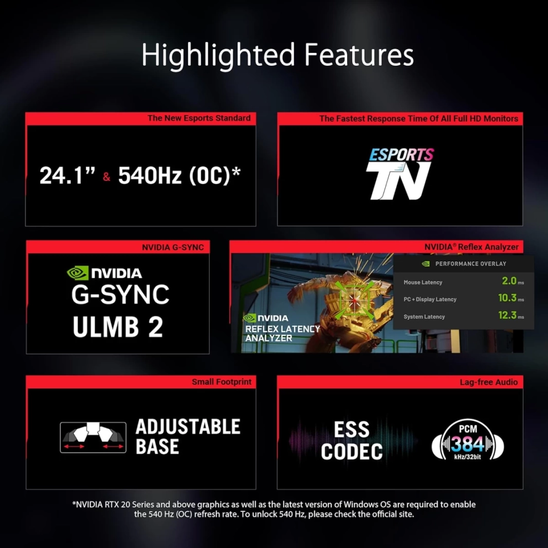 شاشة ASUS PG248QP ROG Swift Pro مقاس 24 بوصة، 540 هرتز، 0.2 مللي ثانية، HDR400 Esports-TN، NVIDIA G-SYNC، محلل انعكاس NVIDIA ULMB 2، قاعدة قابلة للتعديل، ترميز ESS