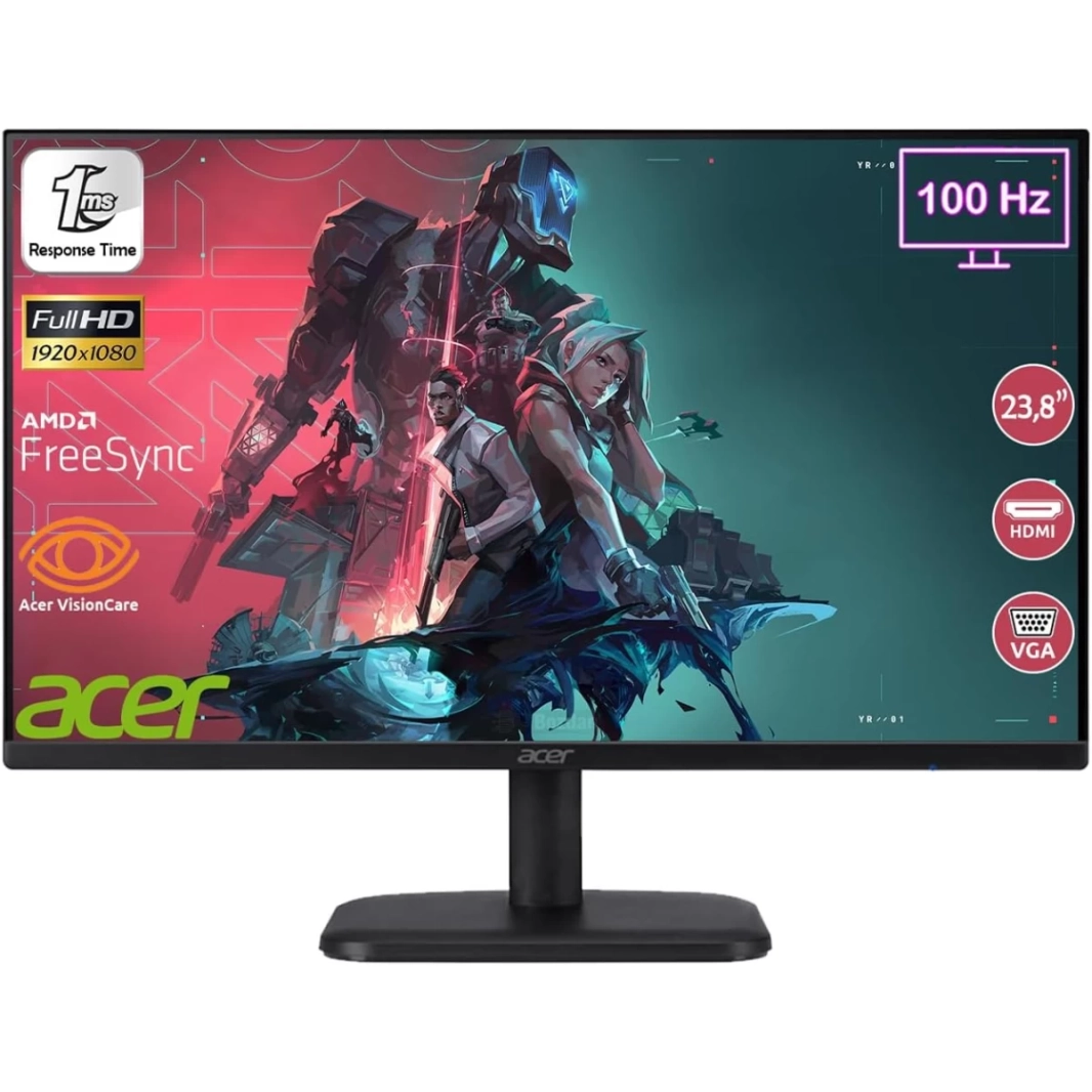 شاشة Acer EK241Y مقاس 24 بوصة IPS Full HD بمعدل تحديث 100 هرتز ووقت استجابة 1 مللي ثانية بدون إطار ومزودة بواجهة HDMI وVGA مريحة - باللون الأسود