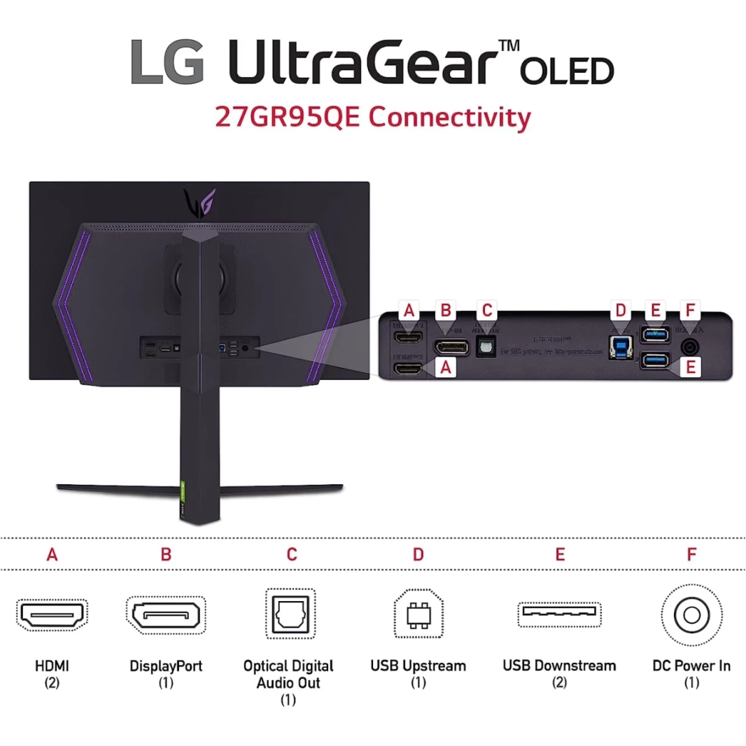 شاشة LG 27GR95QE-B UltraGear™ OLED مقاس 27 بوصة 2K HDR10 240 هرتز 0.03 مللي ثانية متوافقة مع G-SYNC مضادة للتوهج بنسبة 98.5% DCI-P3 - أسود