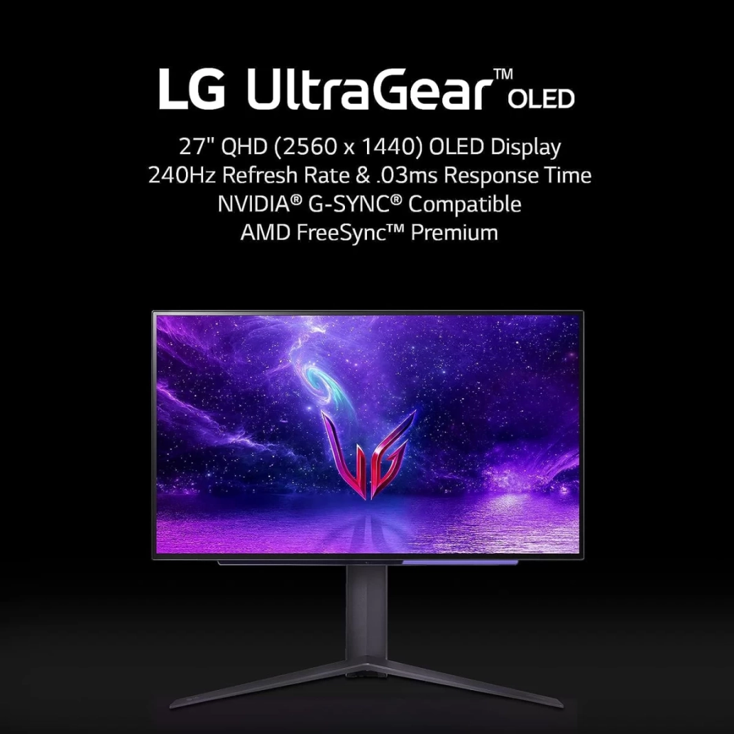شاشة LG 27GR95QE-B UltraGear™ OLED مقاس 27 بوصة 2K HDR10 240 هرتز 0.03 مللي ثانية متوافقة مع G-SYNC مضادة للتوهج بنسبة 98.5% DCI-P3 - أسود