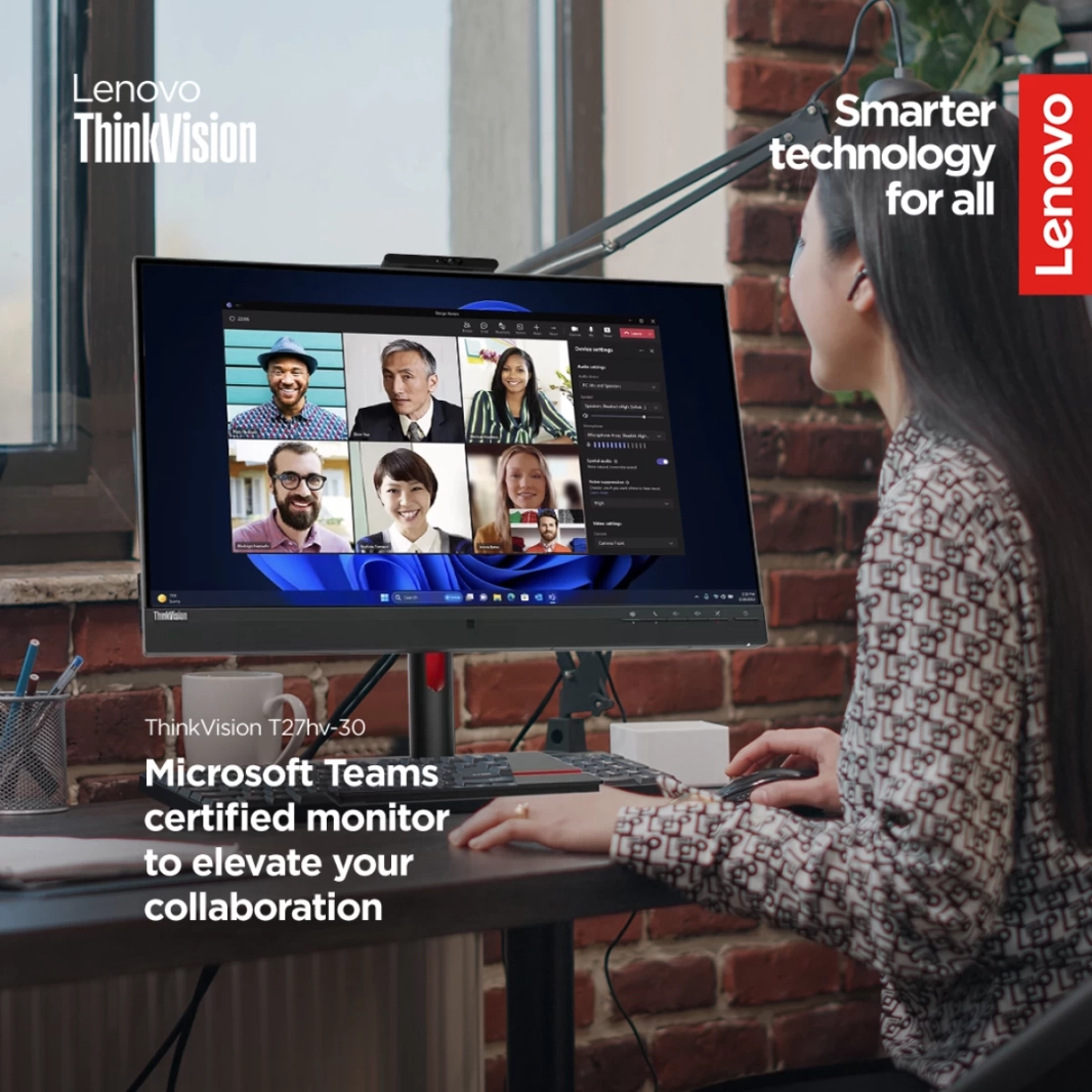 شاشة مؤتمرات Lenovo ThinkVision T27hv-30 مقاس 27 بوصة IPS 2K 74Hz مع حامل قابل للتعديل وكاميرا ويب 5 ميجا بكسل IR+RGB ومكبرات صوت وميكروفون مع HDMI 2.1 وDP وUSB C وUSB Hub