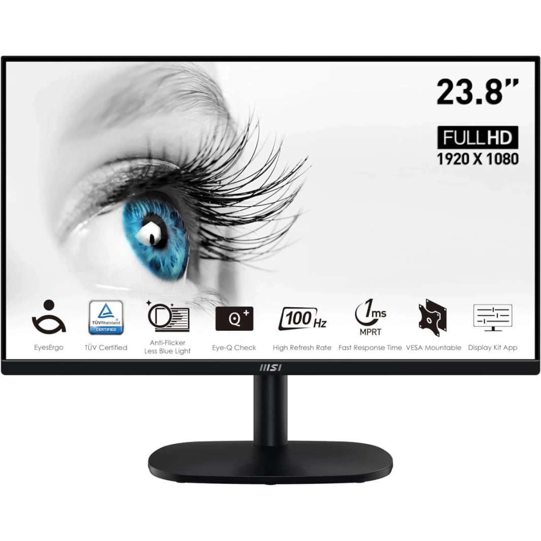 شاشة MSI PRO MP245V مقاس 24 بوصة عالية الدقة بالكامل بمعدل تحديث 100 هرتز ووقت استجابة 1 مللي ثانية ومضادة للوميض وأقل إضاءة زرقاء مع واجهة HDMI وVGA - باللون الأسود
