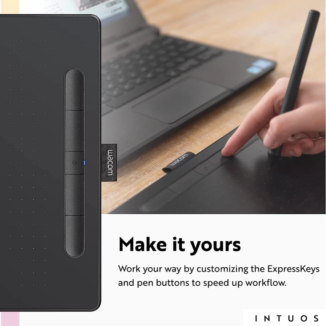 جهاز لوحي للرسم الرسومي Wacom Intuos Medium Bluetooth محمول للمعلمين والطلاب والمبدعين مع 4 مفاتيح سريعة قابلة للتخصيص لأجهزة Chromebook Mac OS Android وWindows - أسود