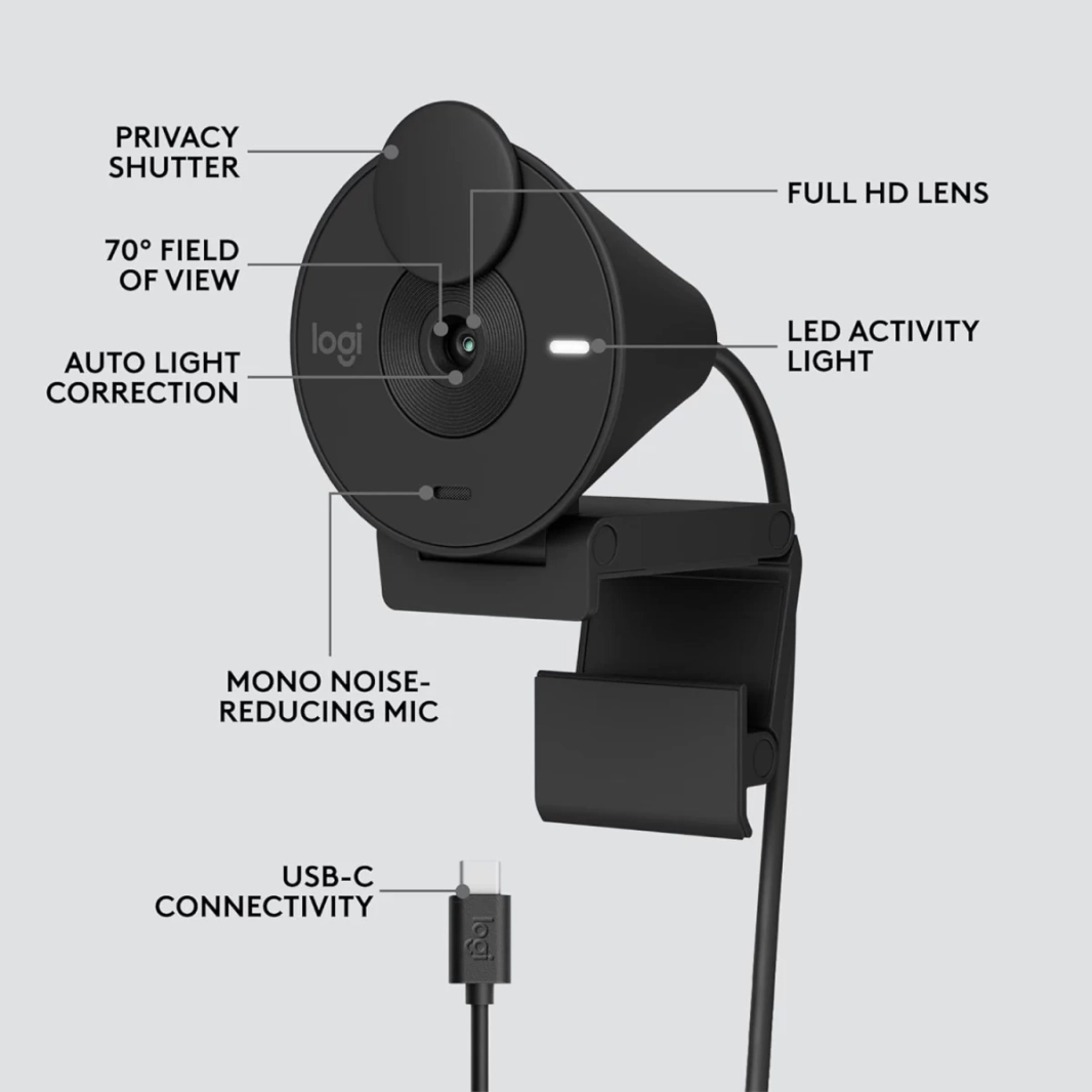 Logitech Brio 300 Full HD 1080p Webcam For Meetings & Works Auto-Light Balance w/ Noise Reduction Mic & Certified For Zoom USB-C - Black
