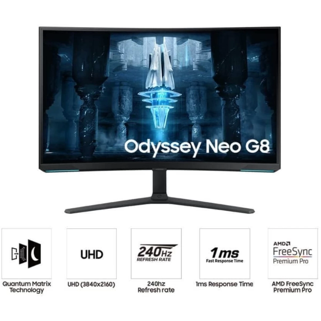 شاشة SAMSUNG Odyssey Neo G8 مقاس 32 بوصة بدقة 4K UHD بمعدل تحديث 240 هرتز ووقت استجابة 1 مللي ثانية وG-Sync المنحنية وHDR 2000 وG-Sync وحامل قابل للتعديل