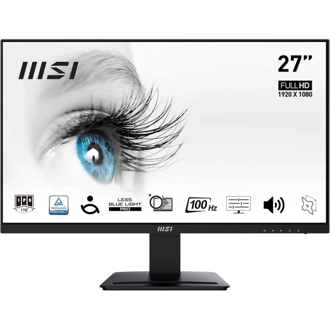 شاشة MSI PRO MP273A مقاس 27 بوصة IPS Full HD 100Hz أقل إضاءة زرقاء PRO VESA مكبرات صوت مدمجة قابلة للتركيب وقابلة للتعديل HDMI وDP - أسود