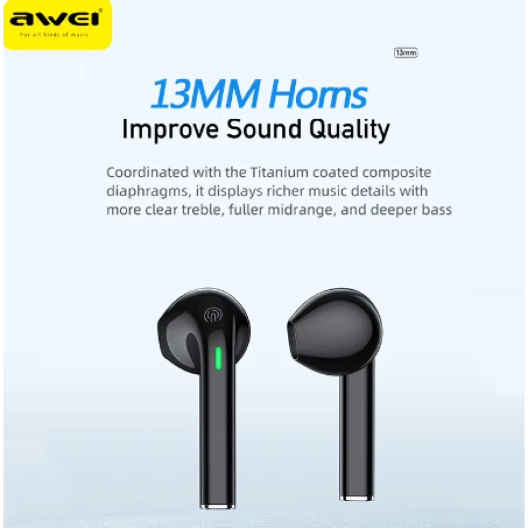 AWEI  T26 PRO TWS Wireless Earphone  Bluetooth 5.3 Headphone Waterproof Stereo Sport Headsets Noise Reduction Earbuds with Mic.White