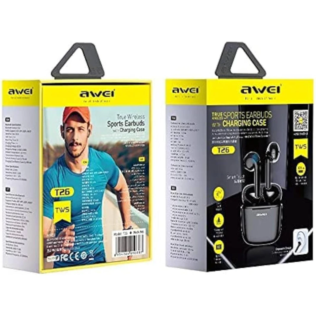 AWEI  T26 PRO TWS Wireless Earphone  Bluetooth 5.3 Headphone Waterproof Stereo Sport Headsets Noise Reduction Earbuds with Mic.White