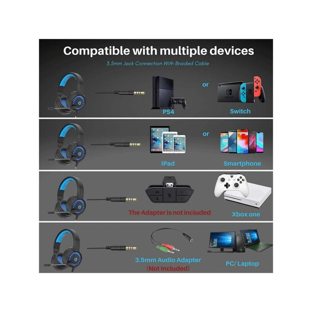 سماعة رأس للألعاب من HP فوق الأذن مع ميكروفون RGB USB Light Backlit AUX Stereo (2 Jack Audioie and Mic) سماعة رأس للهواتف الذكية، تصميم مريح، DHE-8011U