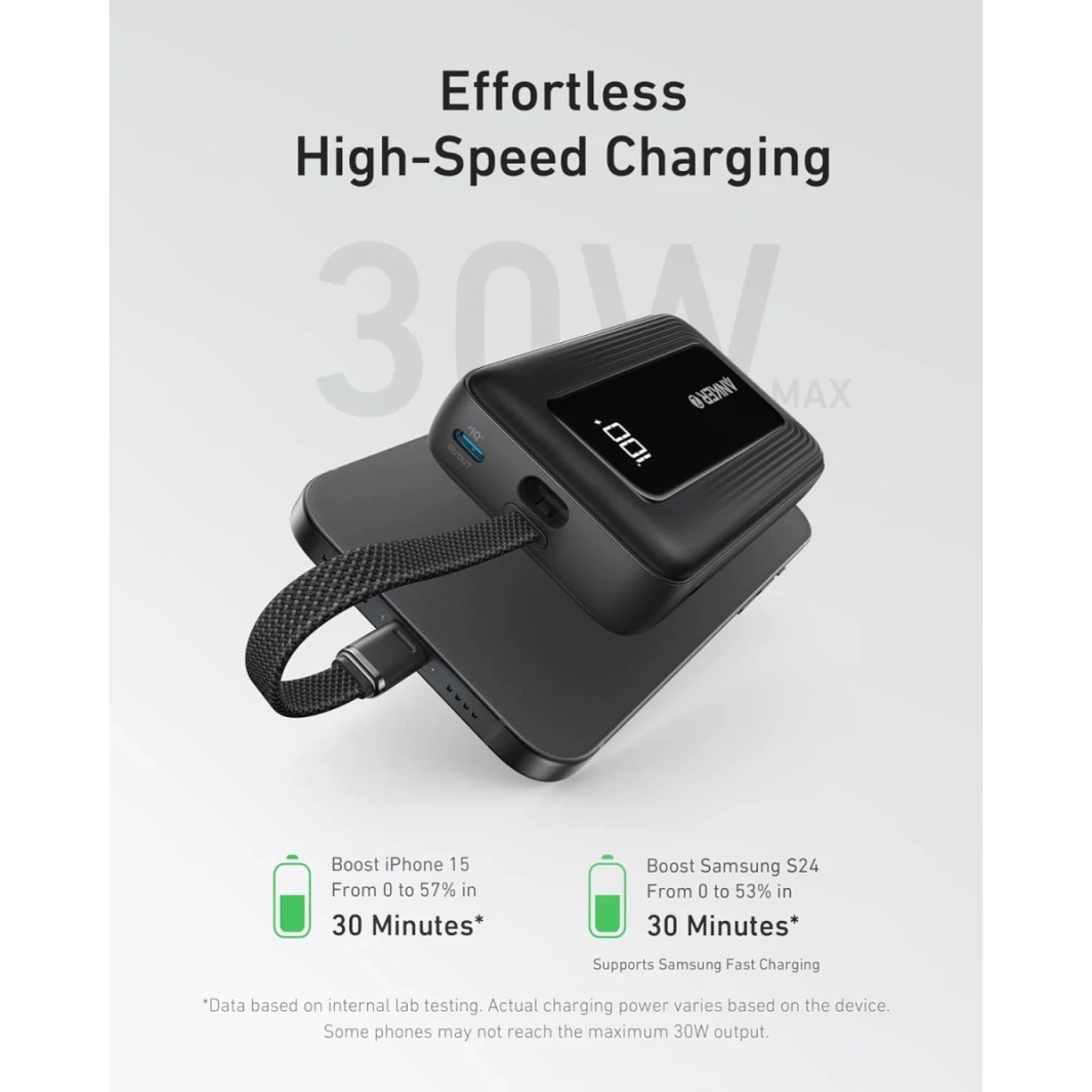 شاحن محمول Anker A1689 Zolo، باور بانك 20000 مللي أمبير في الساعة بقوة 30 وات مع كابل USB-C مدمج للسفر، حزمة بطارية شحن سريع - أسود