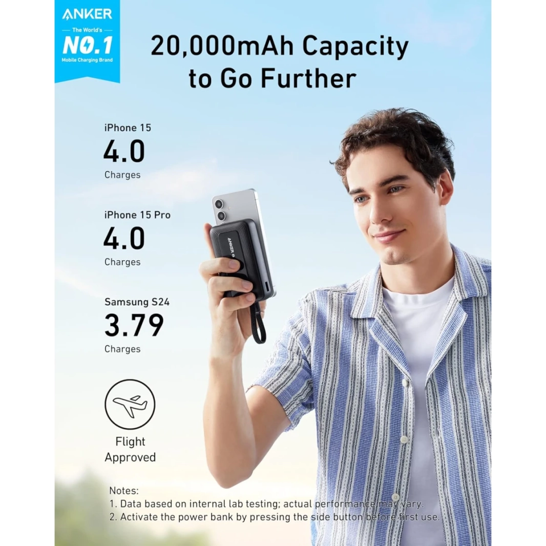 شاحن محمول Anker A1689 Zolo، باور بانك 20000 مللي أمبير في الساعة بقوة 30 وات مع كابل USB-C مدمج للسفر، حزمة بطارية شحن سريع - أسود