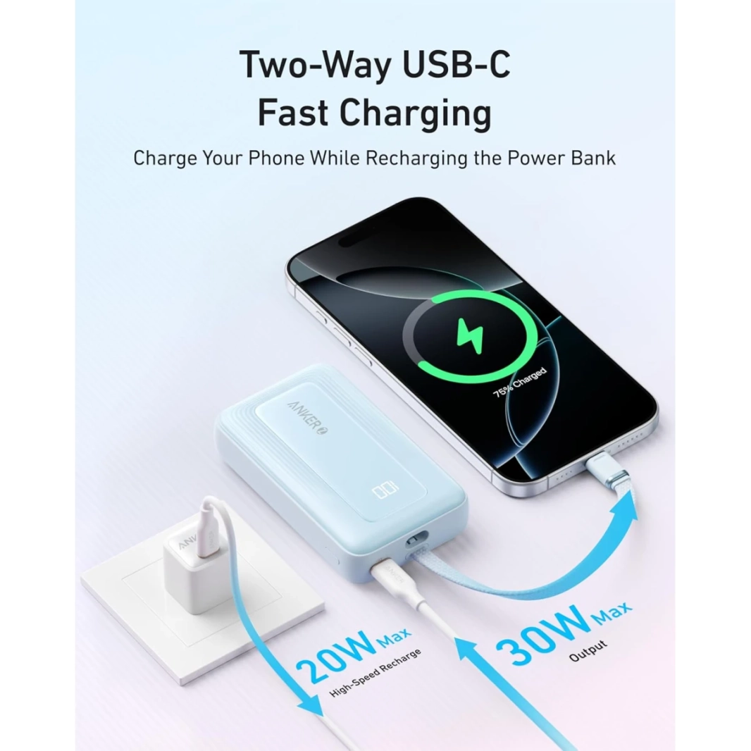 شاحن محمول Anker A1689 Zolo، باور بانك 20000 مللي أمبير في الساعة بقوة 30 وات مع كابل USB-C مدمج للسفر، حزمة بطارية شحن سريع - أسود