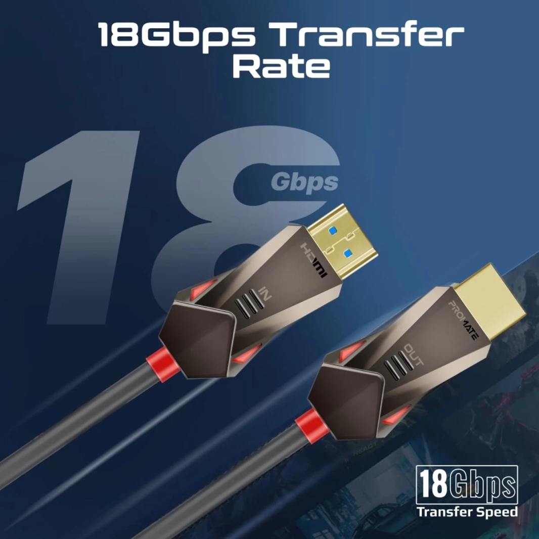 كابل Promate ProLink4K60-20M HDMI 2.0 بدقة 4K بمعدل 60 هرتز، يدعم الفيديو ثلاثي الأبعاد بمعدل 18 جيجابت في الثانية، كابل إيثرنت بطول 20 متر، كابل ألياف بصرية مطلي بالذهب