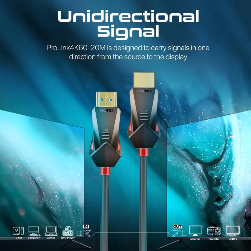 كابل Promate ProLink4K60-15M HDMI 2.0 بدقة 4K بمعدل 60 هرتز، يدعم الفيديو ثلاثي الأبعاد بمعدل 18 جيجابت في الثانية، كابل إيثرنت بطول 15 متر، مطلي بالذهب