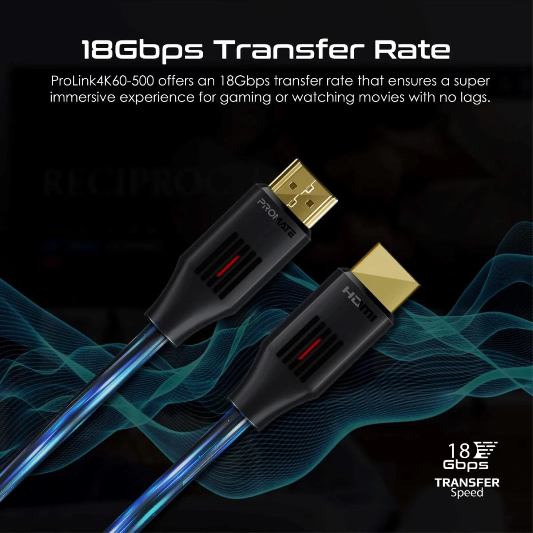 كابل Promate ProLink4K60-500 HDMI 2.0 بدقة 4K@60Hz، بطول 5 أمتار، يدعم عرض النطاق الترددي 18 جيجابت في الثانية، ويدعم إيثرنت وموصلات مطلية بالذهب
