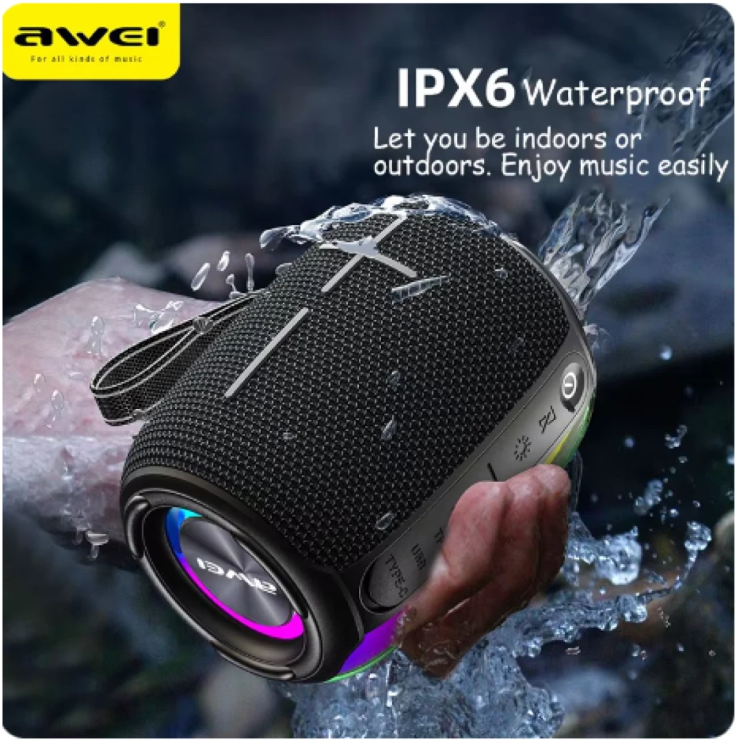 مكبر صوت AWEI Y525 بلوتوث 5.3 محمول TWS Hifi لاسلكي مكبر صوت USB صغير خارجي مع تشغيل موسيقى وإضاءة RGB