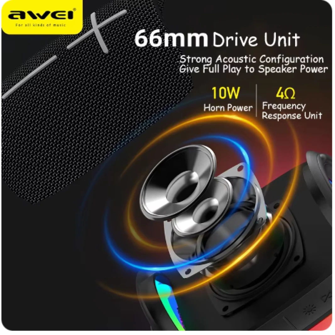 مكبر صوت AWEI Y525 بلوتوث 5.3 محمول TWS Hifi لاسلكي مكبر صوت USB صغير خارجي مع تشغيل موسيقى وإضاءة RGB