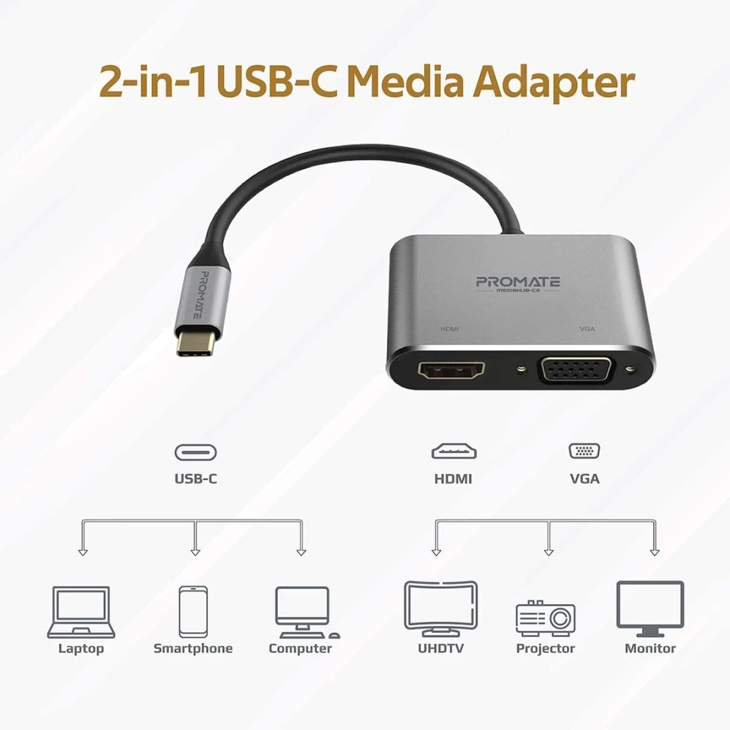 Promate MediaHub-C2 USB-C to VGA & HDMI Adapter Aluminium HDMI Converter 4K & 1080 VGA Dual Screen Display