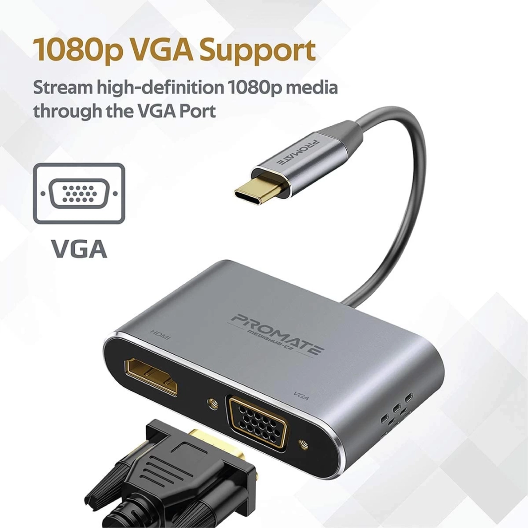 Promate MediaHub-C2 USB-C to VGA & HDMI Adapter Aluminium HDMI Converter 4K & 1080 VGA Dual Screen Display