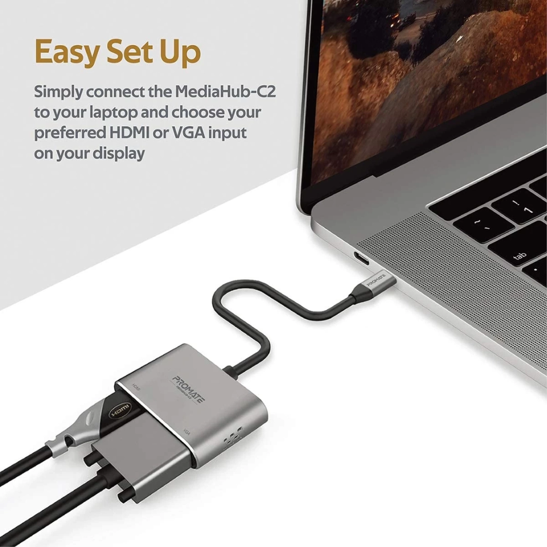 Promate MediaHub-C2 USB-C to VGA & HDMI Adapter Aluminium HDMI Converter 4K & 1080 VGA Dual Screen Display