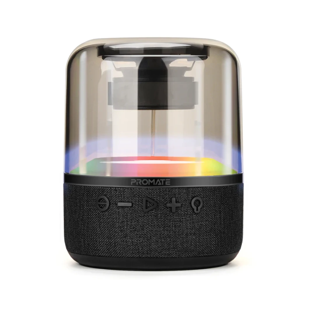 مكبر صوت Promate Glitz-L LumiSound 360° Surround Sound، مكبر صوت LED عالي الدقة، عرض ضوئي، وقت تشغيل يصل إلى 6 ساعات - أسود