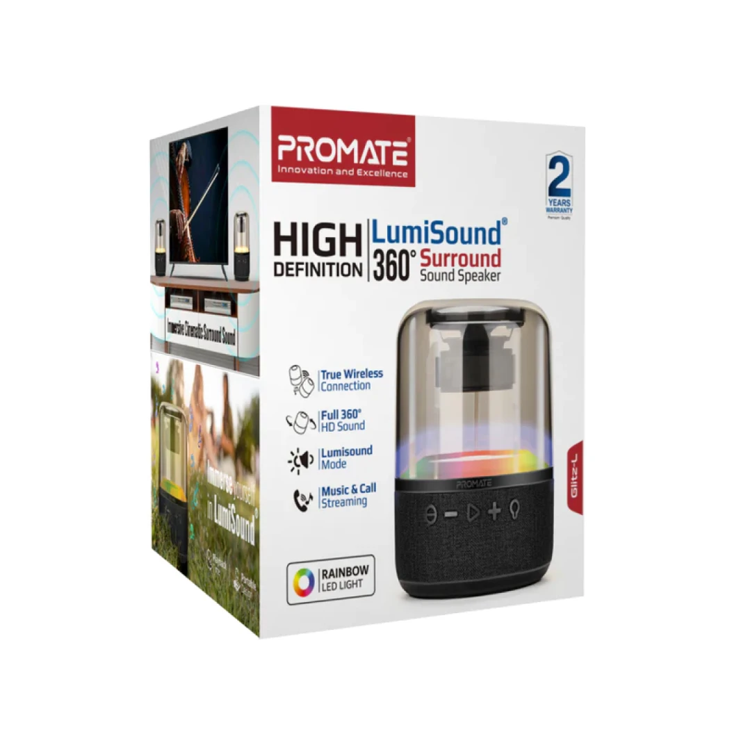 مكبر صوت Promate Glitz-L LumiSound 360° Surround Sound، مكبر صوت LED عالي الدقة، عرض ضوئي، وقت تشغيل يصل إلى 6 ساعات - أسود
