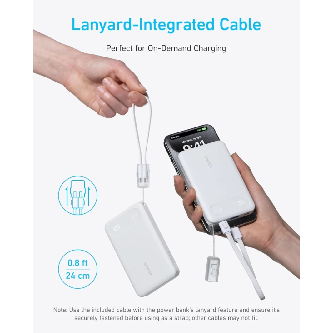 بنك طاقة Anker A1257 بسعة 10,000 مللي أمبير في الساعة مع كابل USB-C مدمج وشحن سريع بقوة 22.5 وات مع منفذين USB-C ومنفذ USB-A لهاتف iPhone 15/14 وGalaxy S23 وiPad وAirPods والمزيد