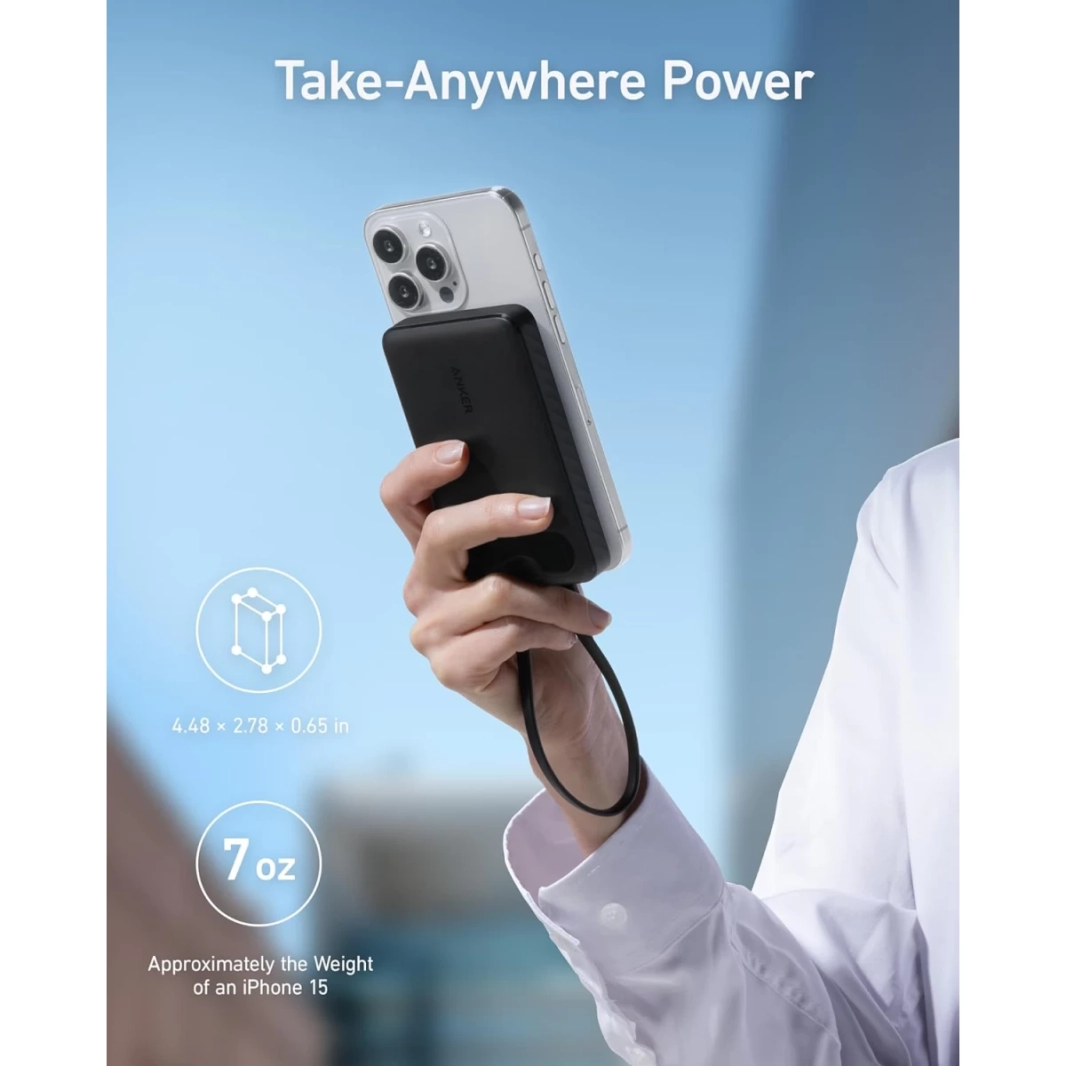 بنك طاقة Anker A1257 بسعة 10,000 مللي أمبير في الساعة مع كابل USB-C مدمج وشحن سريع بقوة 22.5 وات مع منفذين USB-C ومنفذ USB-A لهاتف iPhone 15/14 وGalaxy S23 وiPad وAirPods والمزيد