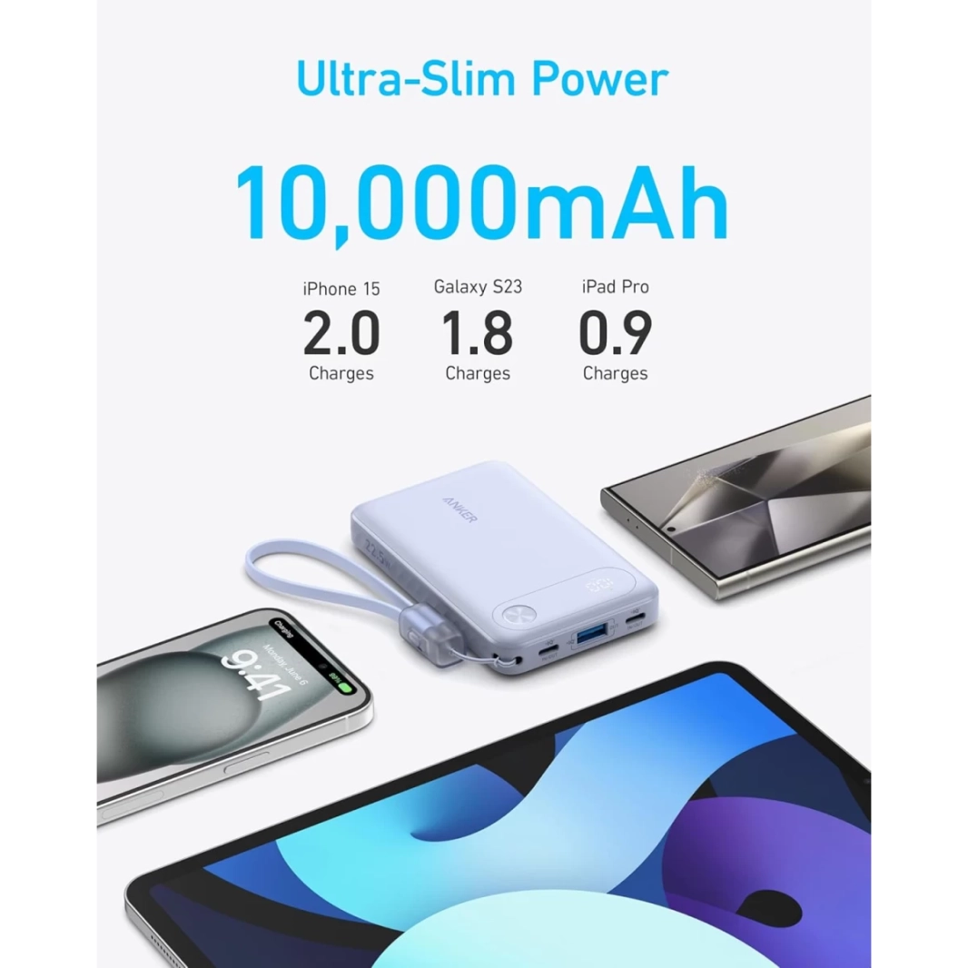 بنك طاقة Anker A1257 بسعة 10,000 مللي أمبير في الساعة مع كابل USB-C مدمج وشحن سريع بقوة 22.5 وات مع منفذين USB-C ومنفذ USB-A لهاتف iPhone 15/14 وGalaxy S23 وiPad وAirPods والمزيد
