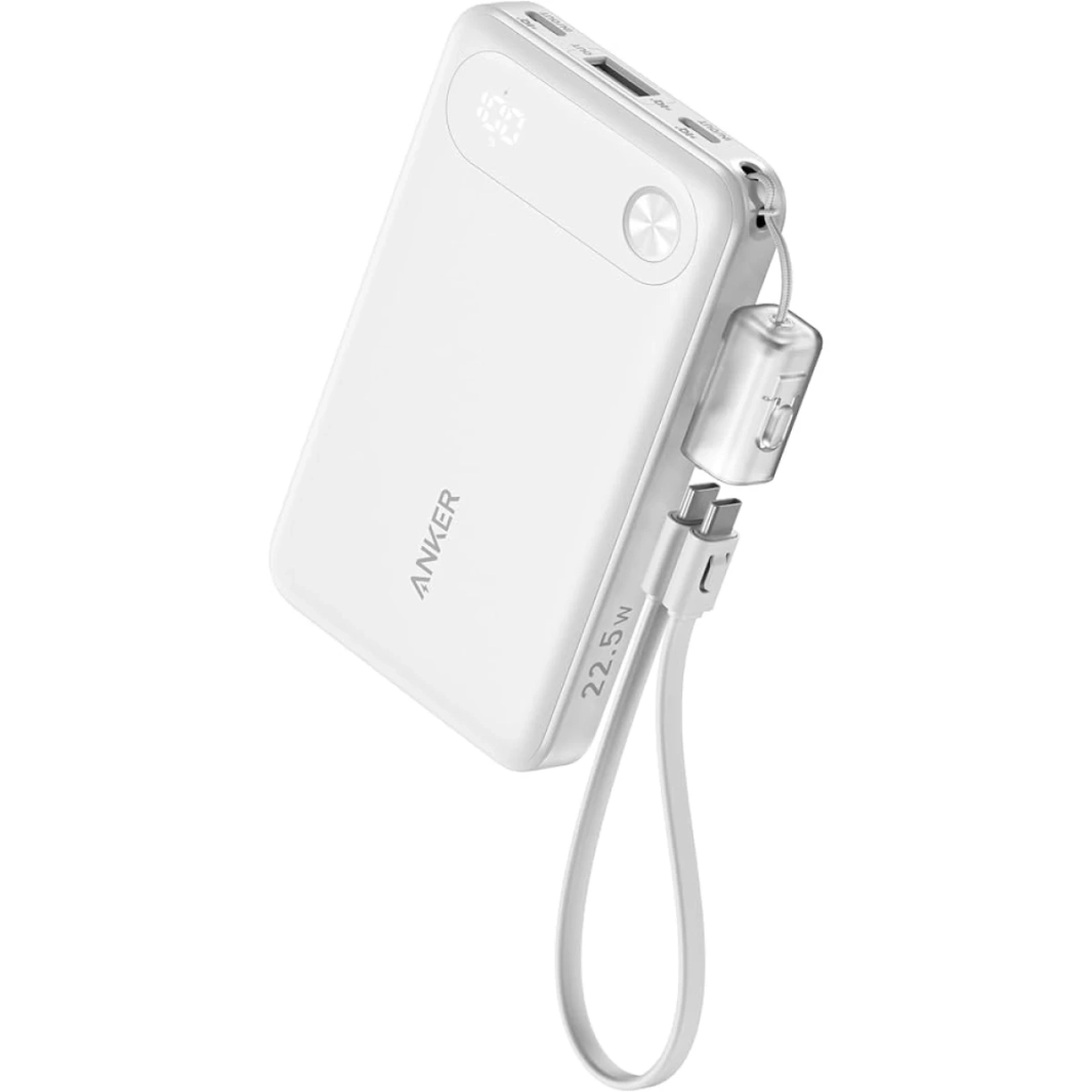بنك طاقة Anker A1257 بسعة 10,000 مللي أمبير في الساعة مع كابل USB-C مدمج وشحن سريع بقوة 22.5 وات مع منفذين USB-C ومنفذ USB-A لهاتف iPhone 15/14 وGalaxy S23 وiPad وAirPods والمزيد