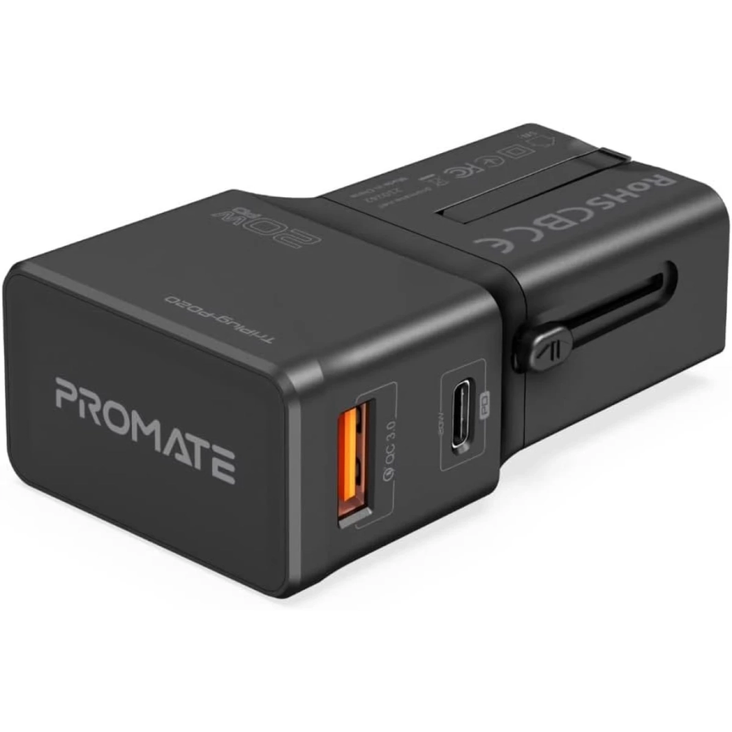 محول سفر Promate TriPlug-PD20 صغير الحجم بقوة 20 وات مع شحن سريع 3.0 بمقبس الولايات المتحدة/المملكة المتحدة/الاتحاد الأوروبي/أستراليا بتصميم منزلق أنيق - أسود