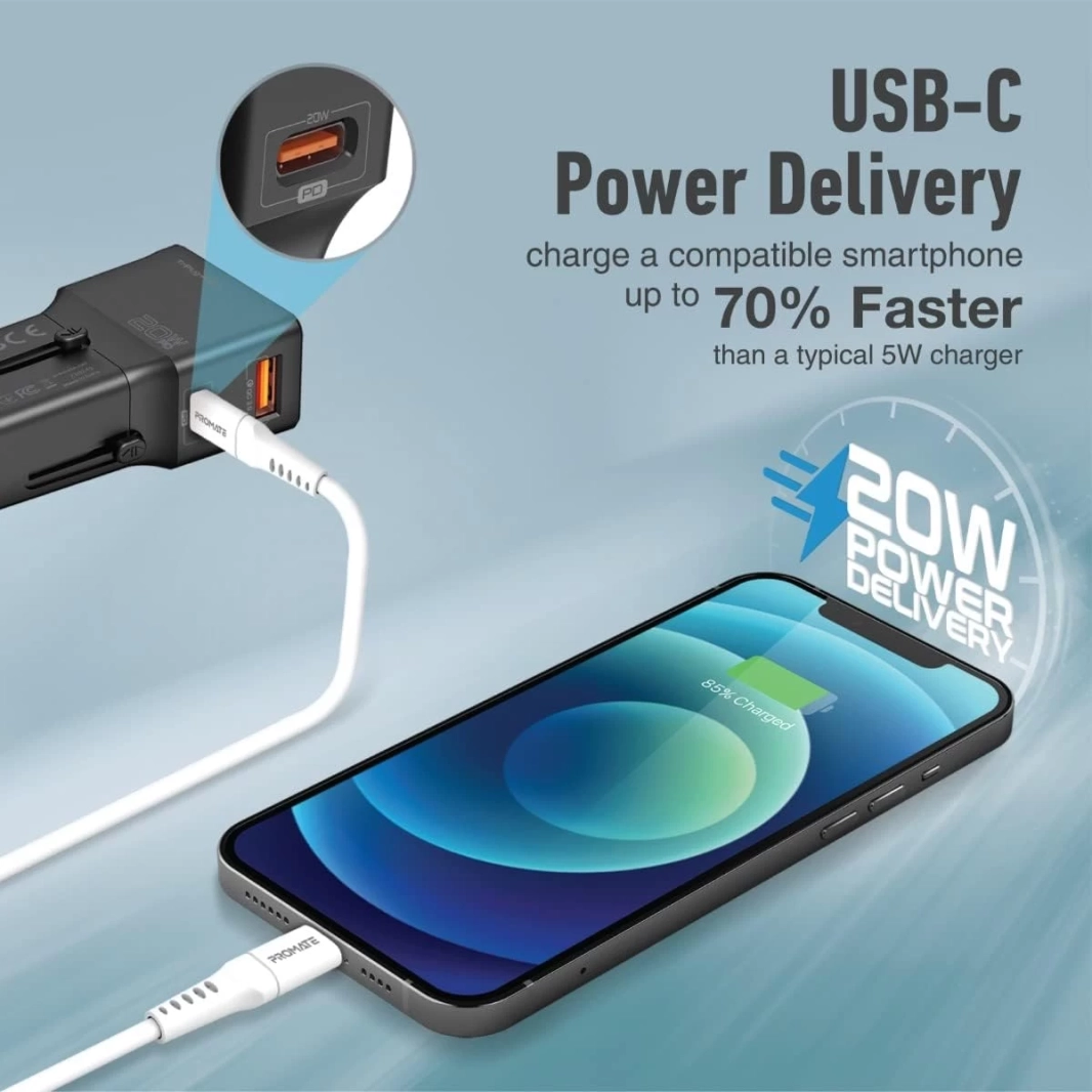 Promate TriPlug-PD20 Universal Compact 20W Travel Adapter Fast Charge 3.0 US/UK/EU/AU Plug Stylish Sliding Design - Black