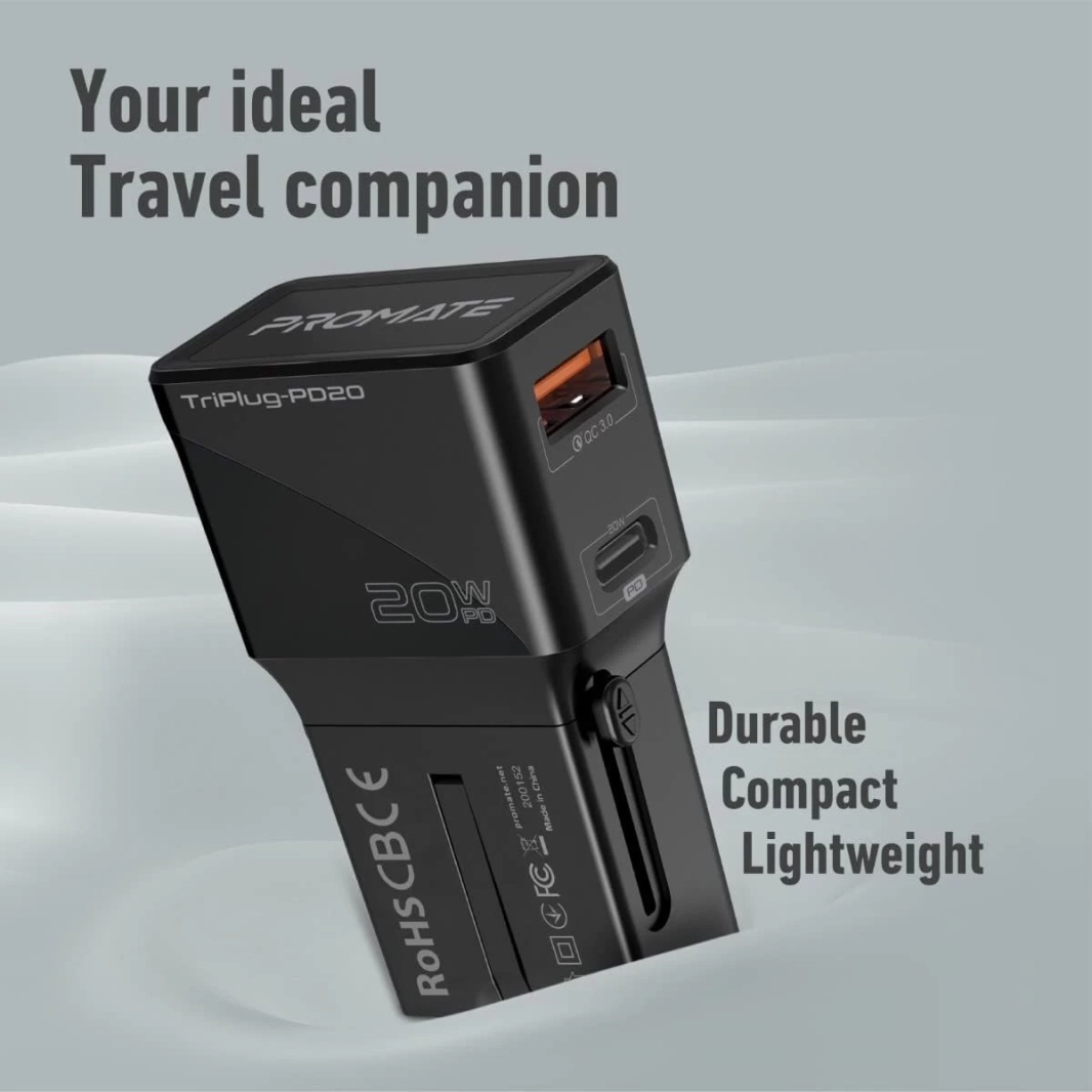 Promate TriPlug-PD20 Universal Compact 20W Travel Adapter Fast Charge 3.0 US/UK/EU/AU Plug Stylish Sliding Design - Black