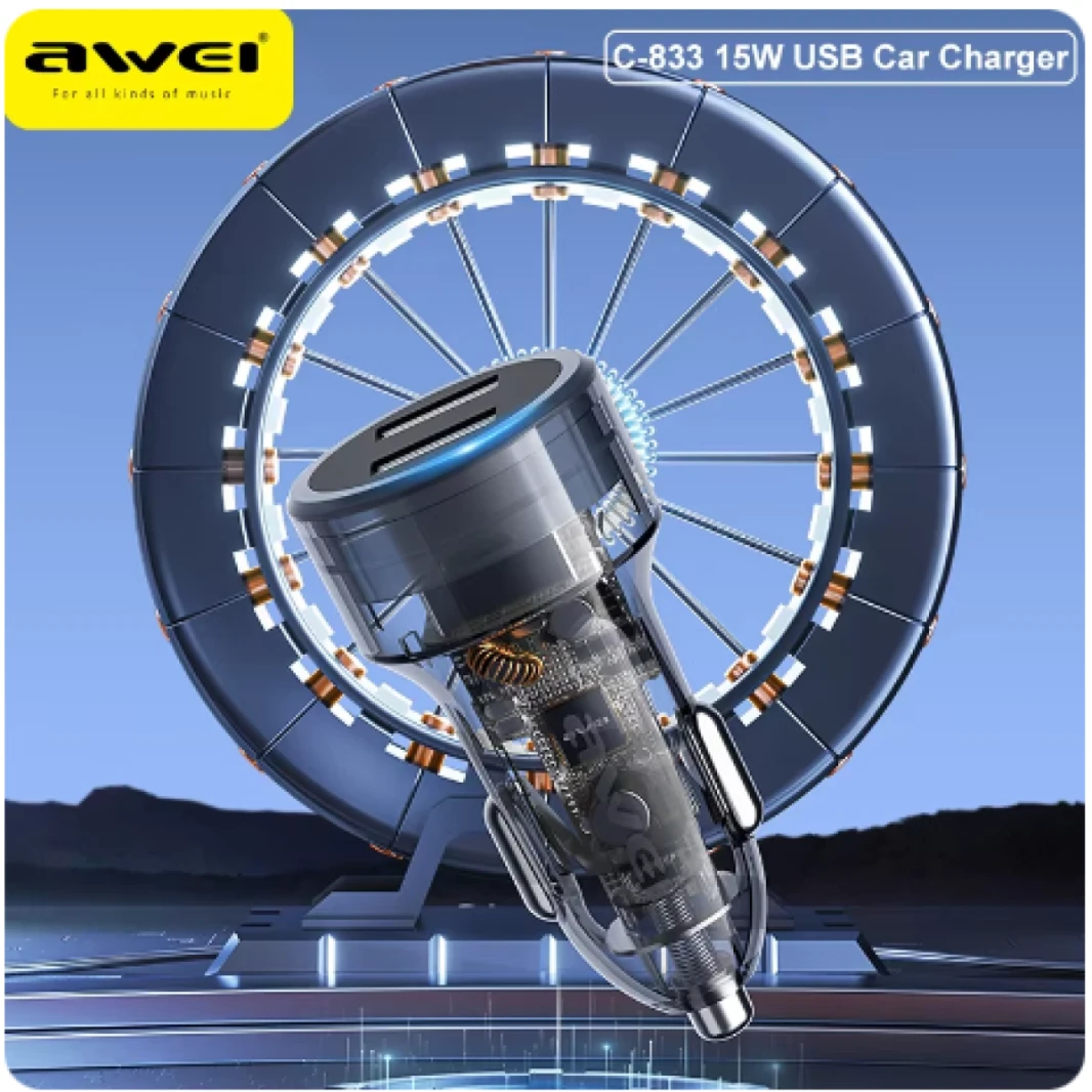 شاحن سيارة USB Awei C-833 بقوة 15 وات مع منفذين USB للشحن الذكي وشاحن هاتف للسيارة لهواوي وسامسونج وآيفون 14 و13 برو