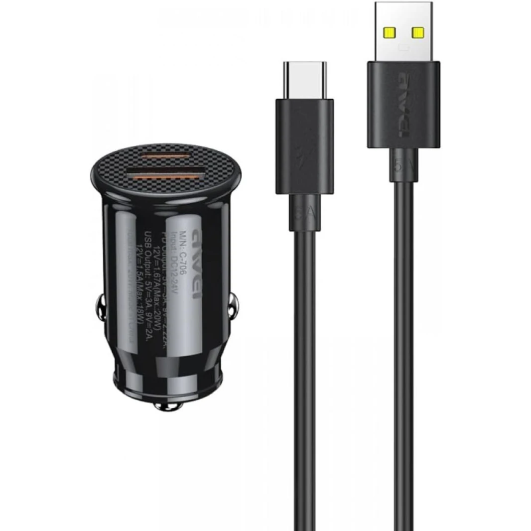 شاحن سيارة Awei C-706 بقوة 20 وات + كابل بيانات USB Type C للشحن السريع للغاية وشاحن سريع 3.0 وPD بقوة 20 وات