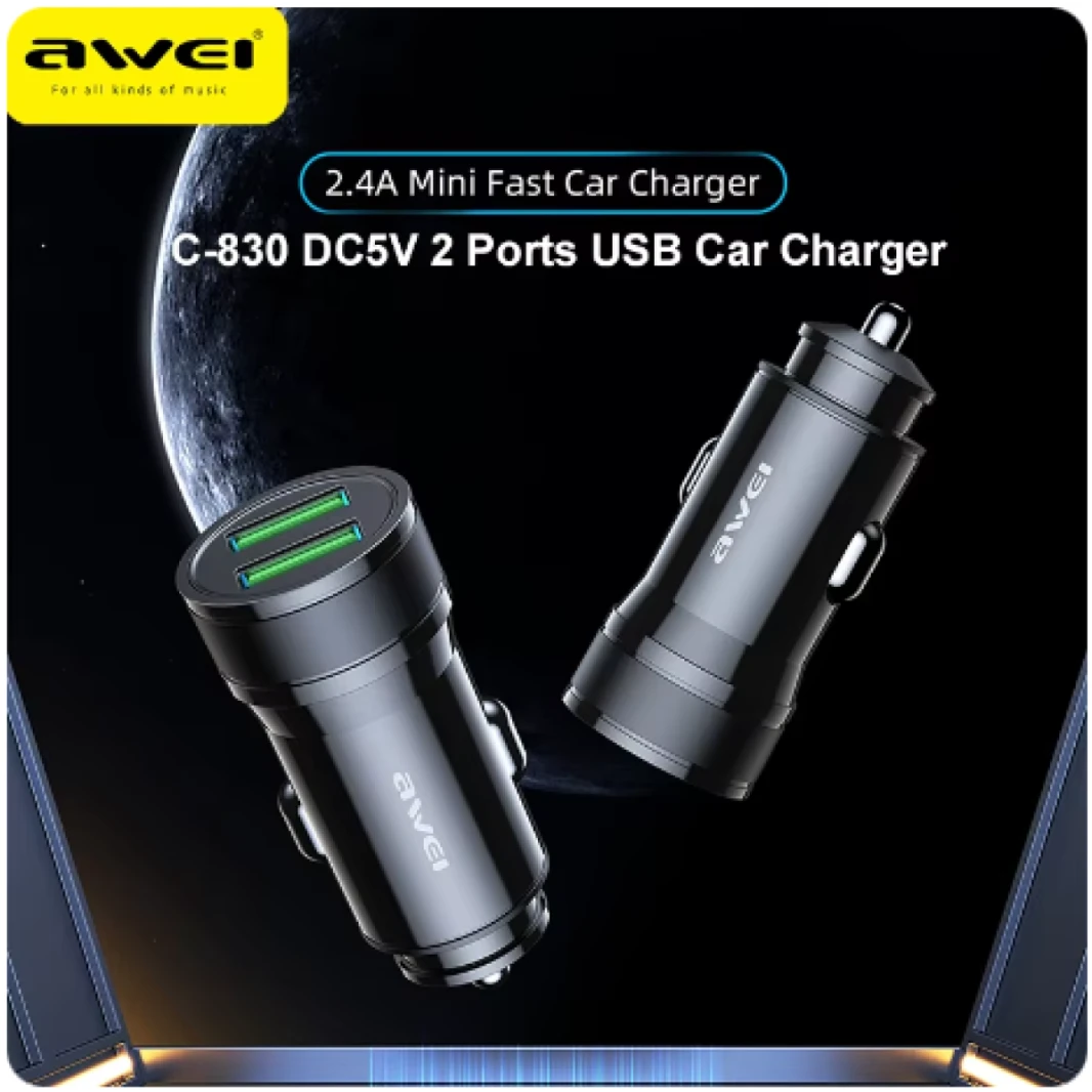 شاحن سيارة Awei C-830 DC5V 2.4A USB بمنفذين للشحن السريع وضوء LED وشاحن USB صغير للهاتف لهاتف Xiaomi iPhone 12 13 14 Pro