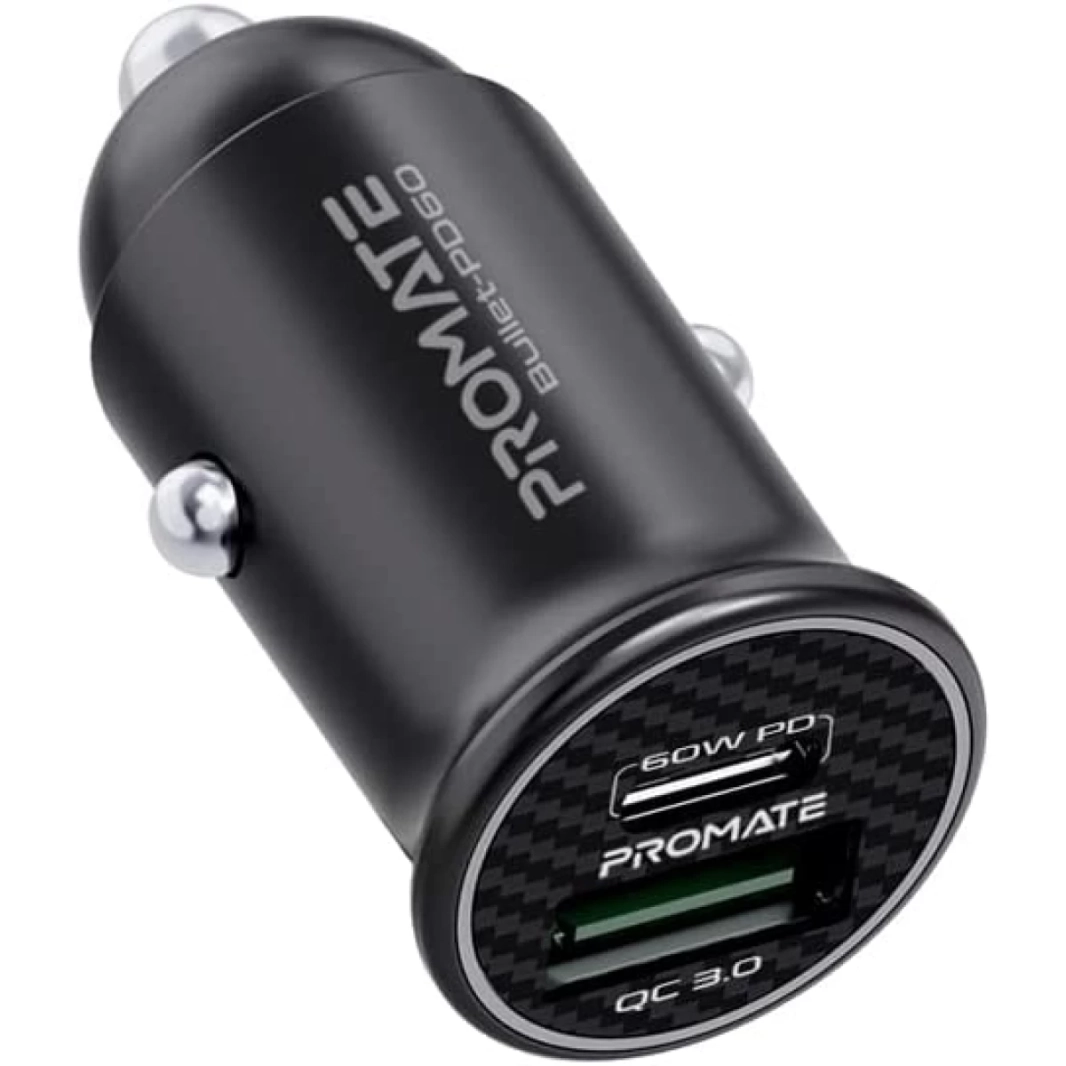 Promate Bullet-PD60 60W USB-C Car Charger Super-Fast Type-C w/ 18W Quick Charge 3.0 USB Port Aluminum Alloy & Over Charging Protection