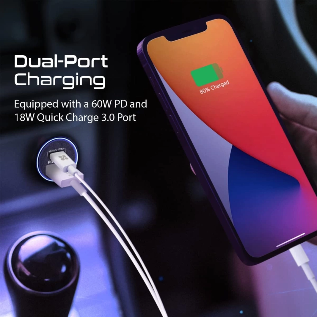 شاحن سيارة Promate Bullet-PD60 USB-C بقدرة 60 وات من النوع C فائق السرعة مع منفذ USB Quick Charge 3.0 بقدرة 18 وات مصنوع من سبائك الألومنيوم وحماية من الشحن الزائد