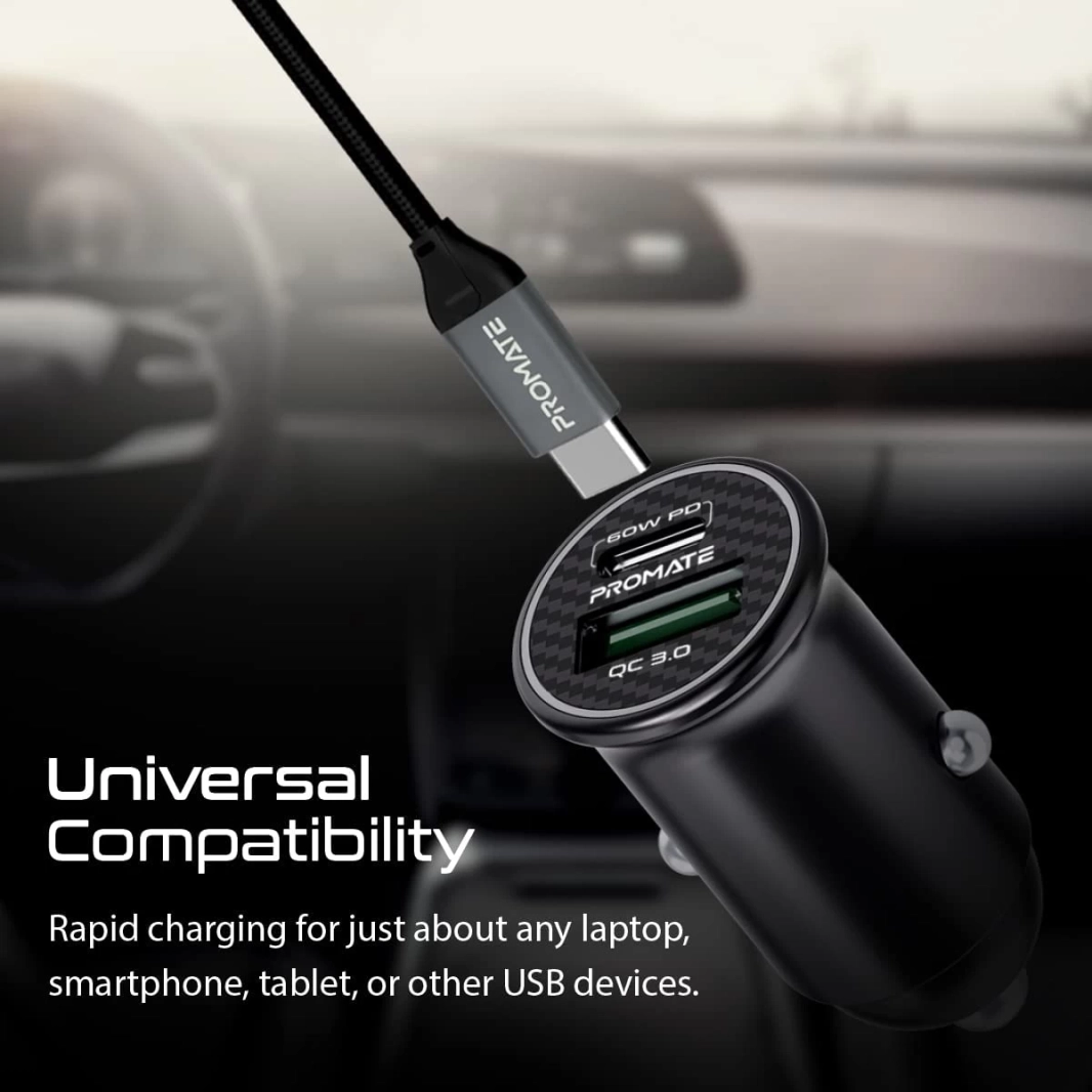 شاحن سيارة Promate Bullet-PD60 USB-C بقدرة 60 وات من النوع C فائق السرعة مع منفذ USB Quick Charge 3.0 بقدرة 18 وات مصنوع من سبائك الألومنيوم وحماية من الشحن الزائد