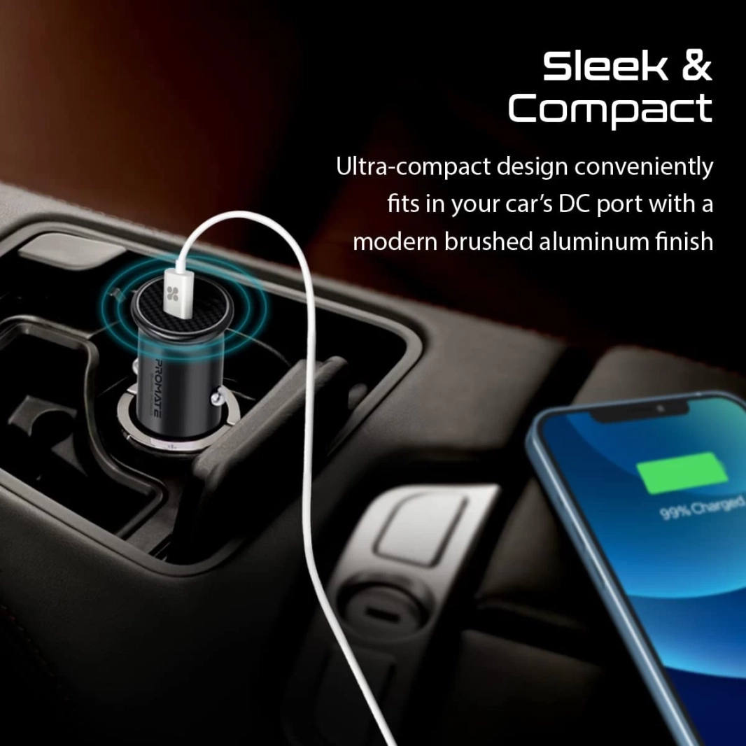 شاحن سيارة Promate Bullet-PD60 USB-C بقدرة 60 وات من النوع C فائق السرعة مع منفذ USB Quick Charge 3.0 بقدرة 18 وات مصنوع من سبائك الألومنيوم وحماية من الشحن الزائد