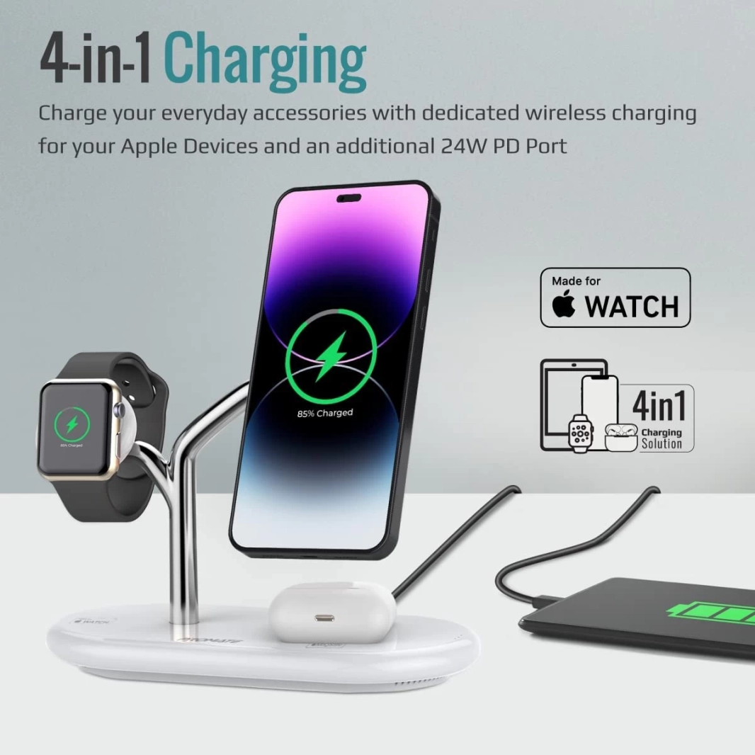 محطة شحن Promate Synergy 5 وات شاحن مغناطيسي MFi لساعة Apple Watch وحامل شحن 15 وات وقوة 24 وات USB-C وشحن Qi 5 وات/10 وات